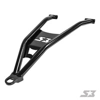 A black metal S3 Power Sports High Clearance Lower A-Arm for 2014+ Polaris Rzr Xp Turbo/1000. Features two angled arms merging at one end, a flat center with a white SX logo, and a sleek, sturdy design. Background is plain white.