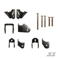 A set of black metal brackets and mounts from the S3 Power Sports 2017+ Can-Am Maverick X3 Powertrain/Rear Suspension Mount Weld-In Gusset Kit is arranged on a white background with four bolts at the right. The SX logo appears in the bottom-right corner.