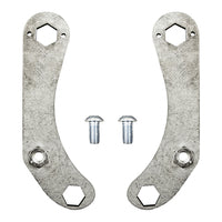 Two silver S3 Power Sports 2018+ Polaris Rzr Xp Turbo S Radius Rod Nut Retainers with hexagonal and circular cutouts are positioned parallel, with two short silver bolts between them, all arranged neatly on a white background.