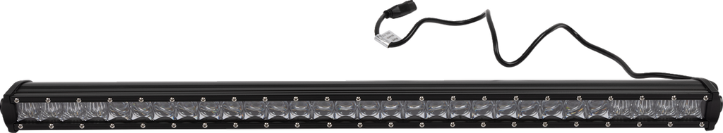 A long, rectangular LED light bar with a black frame and clear lens, featuring multiple small LED bulbs in a single row. The light bar has a black power cable attached, ending in a connector plug, and is set against a plain white background.