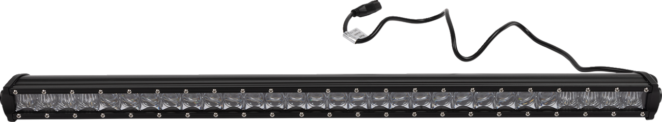 A long, rectangular LED light bar with a black frame and clear lens, featuring multiple small LED bulbs in a single row. The light bar has a black power cable attached, ending in a connector plug, and is set against a plain white background.