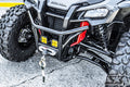 Close-up of a Honda Talon 64 with S3 Power Sports 2019+ HD High Clearance Lower A-Arms, featuring large knobby tires, a black bumper, yellow LED lights, and a mounted winch with synthetic rope on gray pavement.