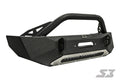 The S3 Power Sports 2007-2017 Jeep Wrangler JK Ambush Series Front Winch Bumper is matte black, heavy-duty, with a grille guard, winch mount, D-ring points, angular lines, LED light mount, silver skid plate, and Smittybilt & SX logos.