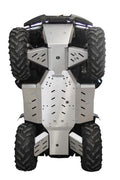 The Skid plate full set (aluminium) for CFMOTO 500-2 is displayed from below, revealing its durable, vented metallic plates and rugged construction designed to protect your vehicle in off-road conditions. The background is white.