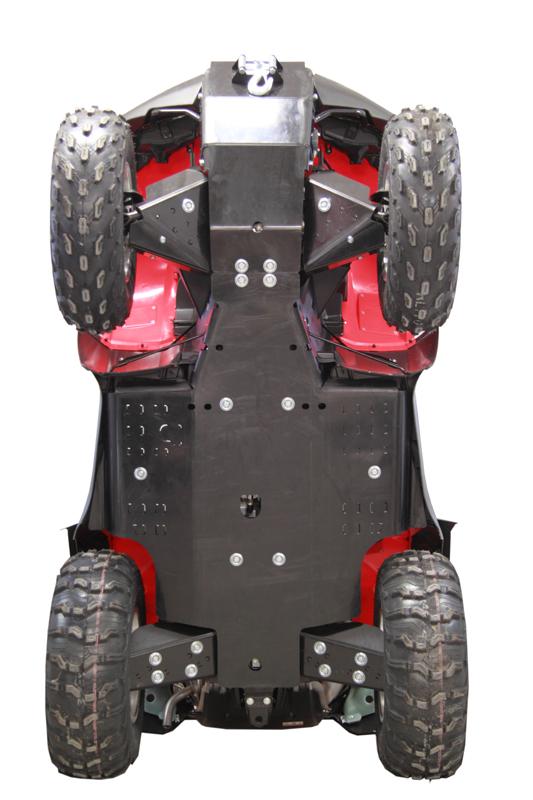 A view from below a Honda TRX 650/680 (-2014) with large knobby tires, visible red suspension parts, and a sturdy black Skid plate full set (plastic) protecting the chassis, showcasing the ATV’s rugged construction.