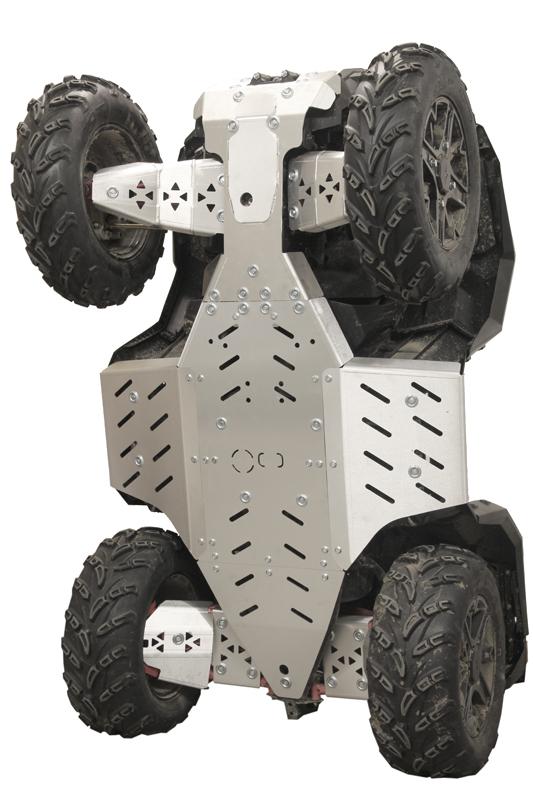 The Skid plate full set (aluminium) for Polaris Sportsman XP 1000 (2017+) and 850 (2018+) protects the vehicle’s undercarriage with reinforced plates and bolts, ensuring durability for off-road terrain.