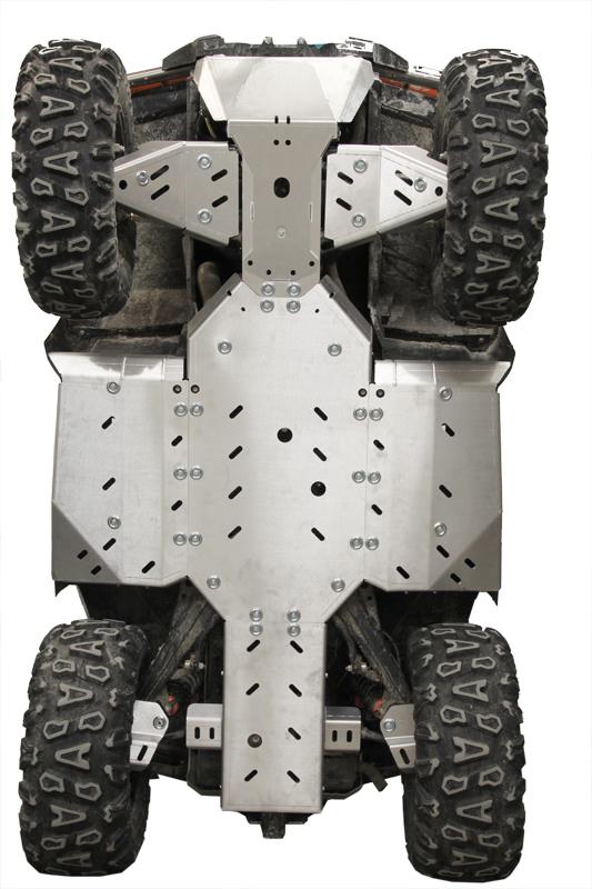 A Skid Plate Full Set (Aluminum) for CFMOTO CFORCE 800 XC / 850 / 1000 covers and shields the undercarriage, shown from below with its silver, multi-paneled design secured by bolts, alongside visible rugged tires and suspension at each corner.