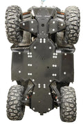 The image shows a Skid plate full set (plastic) installed on a CFMOTO CFORCE 850, CFORCE 800 XC (USA), or CFORCE 1000, protecting the chassis. Large, rugged tires and visible suspension highlight the vehicle’s durable undercarriage.