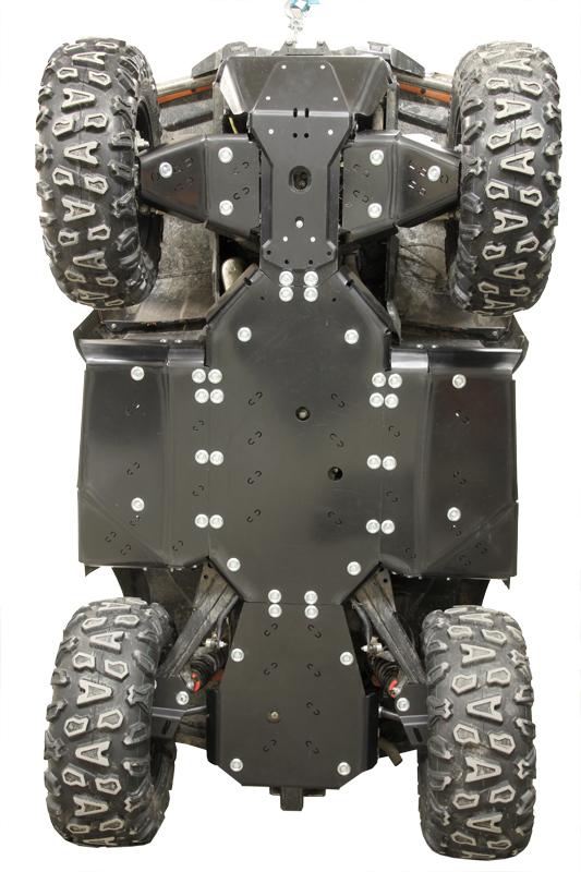 The image shows a Skid plate full set (plastic) installed on a CFMOTO CFORCE 850, CFORCE 800 XC (USA), or CFORCE 1000, protecting the chassis. Large, rugged tires and visible suspension highlight the vehicle’s durable undercarriage.