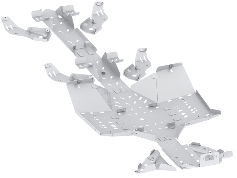 The Canam G2 Outlander 6X6 Max Skid Plate Full Set Aluminium (2019+) features a symmetrical, metallic frame with multiple slots, perforations, tabs, and bent flanges for robust support and easy connection to other components.