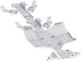 The Canam G2 Outlander 6X6 Max Skid Plate Full Set Aluminium (2019+) features a symmetrical, metallic frame with multiple slots, perforations, tabs, and bent flanges for robust support and easy connection to other components.
