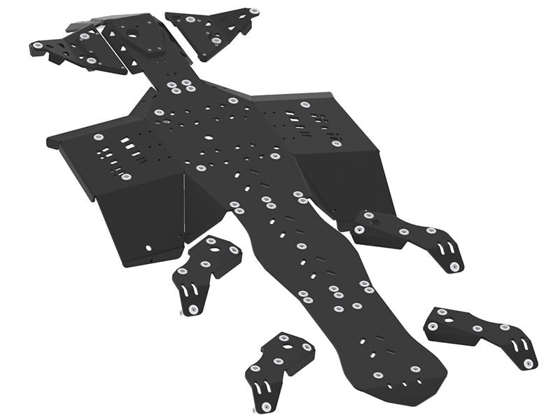 The Canam G2 Outlander 6X6 Max Skid Plate Full Set Plastic (2019+) features angular, modular panels with visible bolts and cutouts, forming a protective frame for the vehicle’s underbody and extending over key areas for comprehensive coverage.