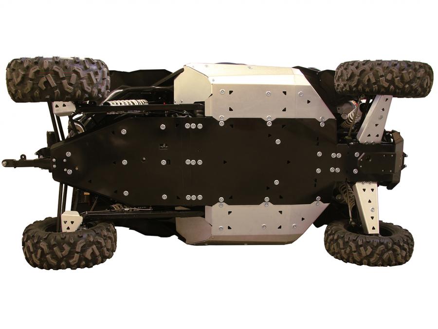 The image shows the underside of a Zforce 950 Sport fitted with the Skid Plate Full Set (Aluminium/Plastic), featuring rugged tires, visible suspension and drivetrain parts, and chassis protection, all viewed from directly overhead.