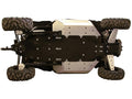 The image shows the underside of a Zforce 950 Sport fitted with the Skid Plate Full Set (Aluminium/Plastic), featuring rugged tires, visible suspension and drivetrain parts, and chassis protection, all viewed from directly overhead.