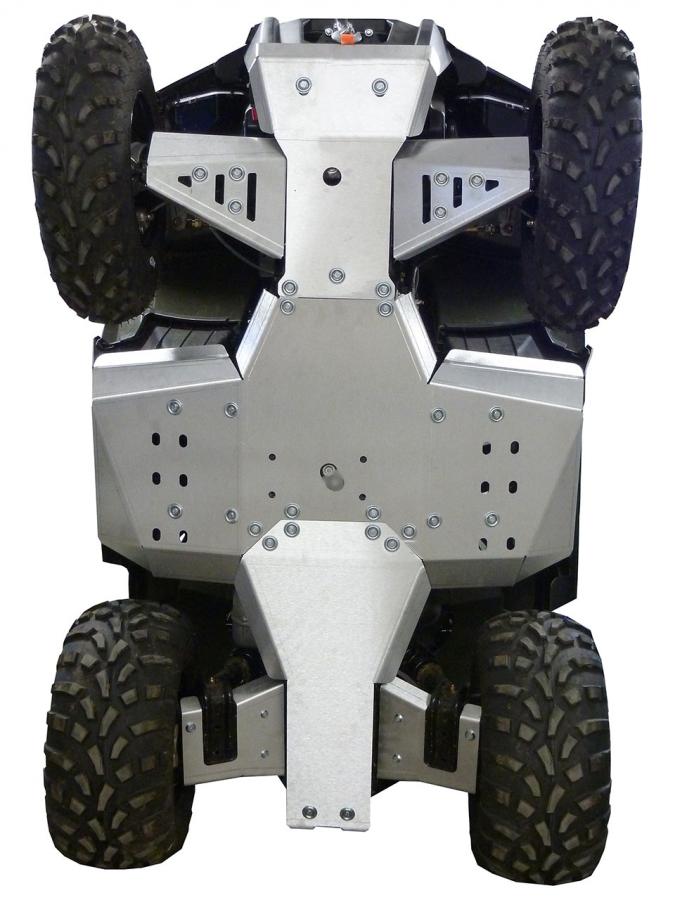 Close-up of the Skid Plate Full Set (Aluminium) for Polaris Sportsman 570 (2021+), highlighting its durable metallic protection, visible bolts and joints, and rugged design that enhances the ATV’s off-road capability.