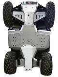 Close-up of the Skid Plate Full Set (Aluminium) for Polaris Sportsman 570 (2021+), highlighting its durable metallic protection, visible bolts and joints, and rugged design that enhances the ATV’s off-road capability.
