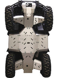 The image shows a Kymco MXU 700 (2020+) equipped with a Skid plate full set (aluminium). The robust skid plate, attached with multiple bolts, protects the underside alongside large off-road tires and strong suspension.