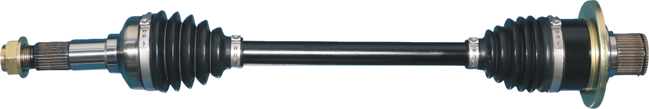 A close-up of a cars drive shaft with black rubber CV joint boots on both ends, metal clamps securing the boots, and splined metal ends for connecting to other drivetrain components. The shaft is set against a plain, light background.