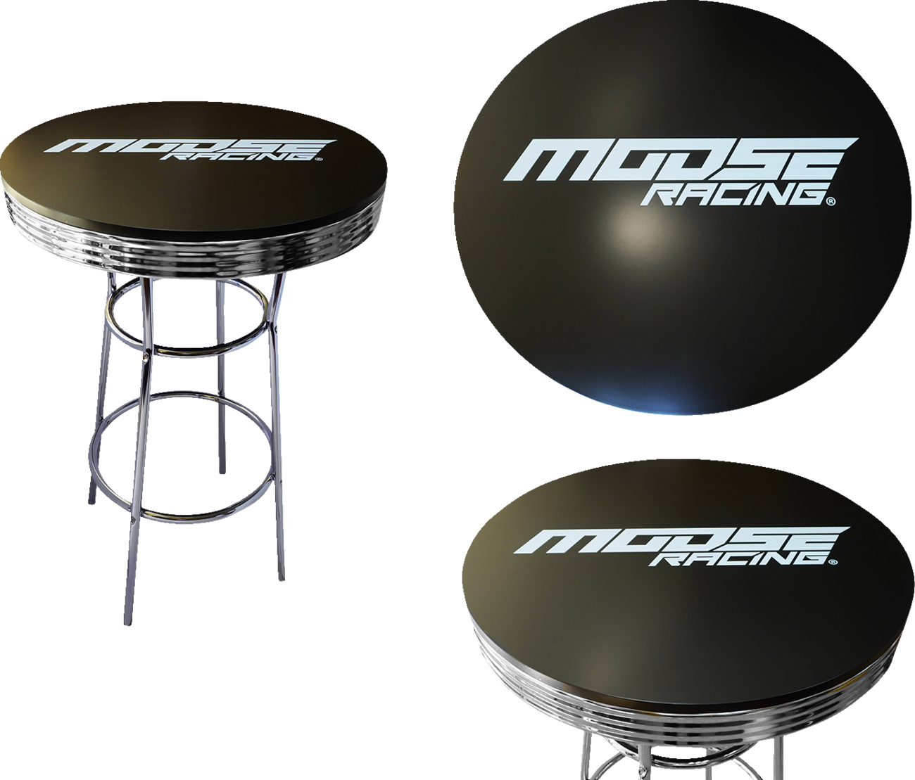 A round black bar table with chrome legs. The tabletop features the white “MOOSE RACING” logo in bold, modern lettering. The image shows the table from the side and from above, emphasizing the logo and shiny, metallic accents.