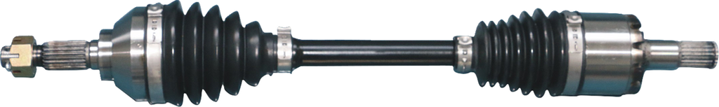 A close-up of a car’s CV axle shaft, showing metal joints at both ends covered by black rubber boots, with a metal rod connecting them; the left end has a visible threaded nut, and the right end shows splines for fitting into a vehicle.