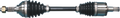 A close-up of a car’s CV axle shaft, showing metal joints at both ends covered by black rubber boots, with a metal rod connecting them; the left end has a visible threaded nut, and the right end shows splines for fitting into a vehicle.