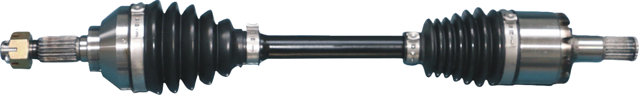 A close-up of a car’s CV axle shaft, showing metal joints at both ends covered by black rubber boots, with a metal rod connecting them; the left end has a visible threaded nut, and the right end shows splines for fitting into a vehicle.