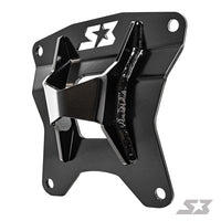 The S3 Power Sports 2019+ Honda Talon HD Pull Plate is a glossy black metal bracket with angular contours, four mounting holes, and a raised center section for support. The S3 logo appears at the top and in the bottom right corner.