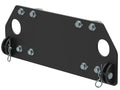 The Mid-mount adapter for Honda TRX 420 (2014+) / TRX 500 (2012+) is a black rectangular metal plate with two large circular holes, multiple bolts, and linchpins securing side brackets at the lower corners. Plate is angled to show thickness.