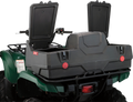 A green ATV with a large, black rear storage box attached. The storage box has two open compartments with raised lids and visible latches. Red reflectors are mounted on the box, and the ATV’s handlebars and part of the rear brake light are visible.