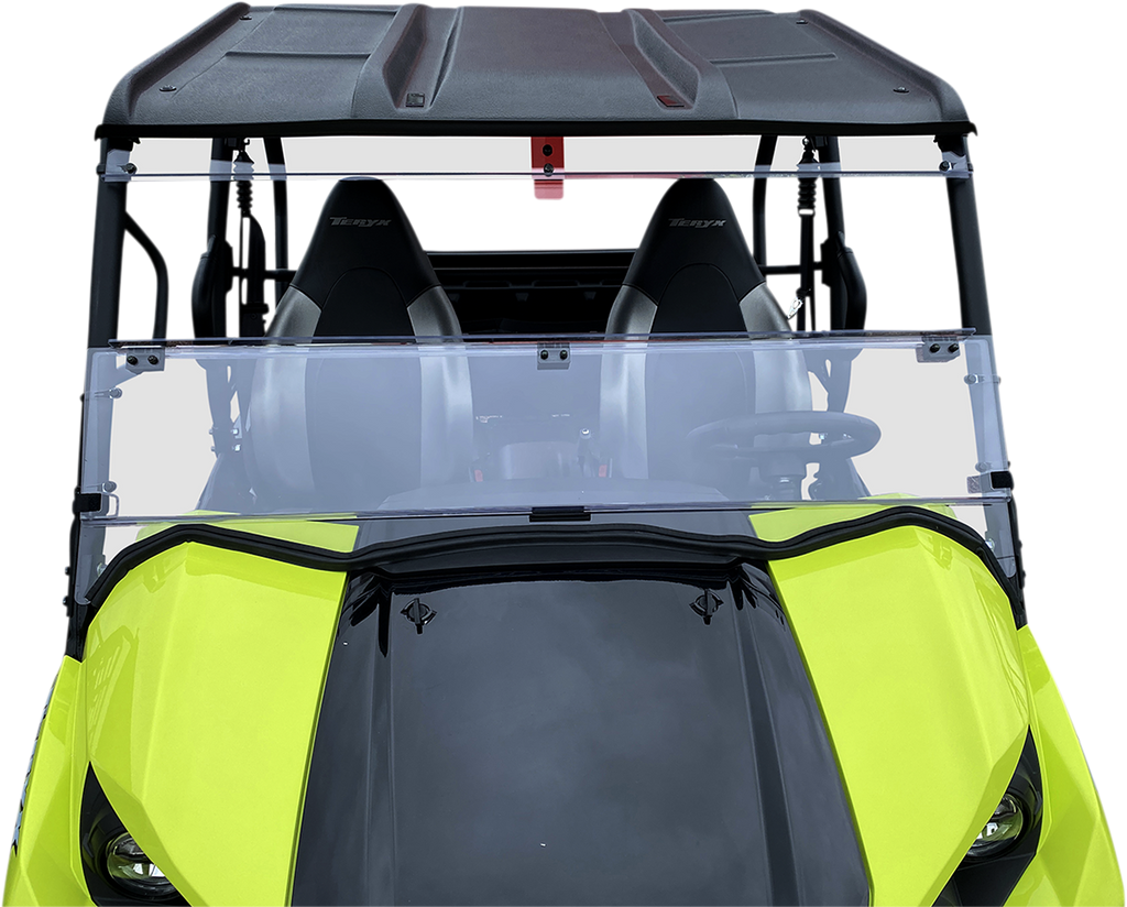 Front view of a bright yellow and black off-road vehicle with two black bucket seats, a clear split windshield, a black roof, and visible roll bars, shown against a white background. The steering wheel and part of the dashboard are visible inside.