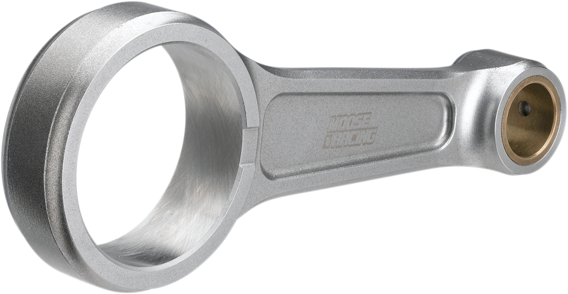 A metallic connecting rod with a large circular end and a smaller circular end, featuring a bronze bushing. The surface is smooth and silver, with MOOSE RACING engraved on the side. The rod is photographed on a plain white background.