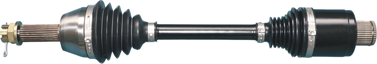 A close-up of a car’s CV axle shaft, showing a metal rod with rubber boots and joints at both ends. The boots have accordion-like folds and the joints feature metal clamps and splined ends for connecting to the drivetrain. The background is light gray.