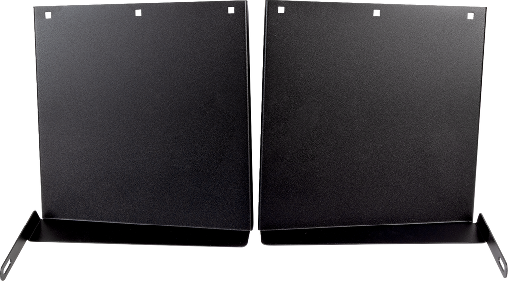 Two black metal brackets stand side by side, each with a flat vertical plate and a short horizontal base. The plates have four small square holes near the top. The brackets are photographed against a white background.