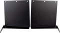 Two black metal brackets stand side by side, each with a flat vertical plate and a short horizontal base. The plates have four small square holes near the top. The brackets are photographed against a white background.