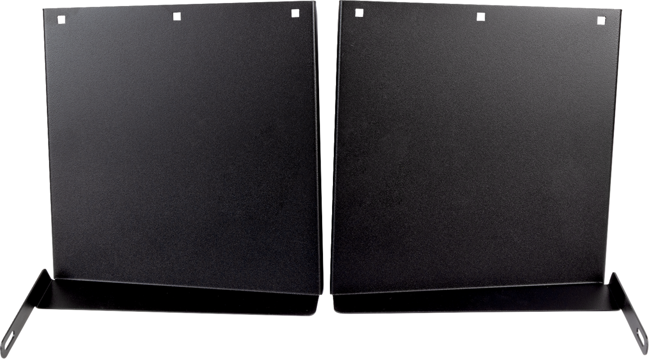 Two black metal brackets stand side by side, each with a flat vertical plate and a short horizontal base. The plates have four small square holes near the top. The brackets are photographed against a white background.