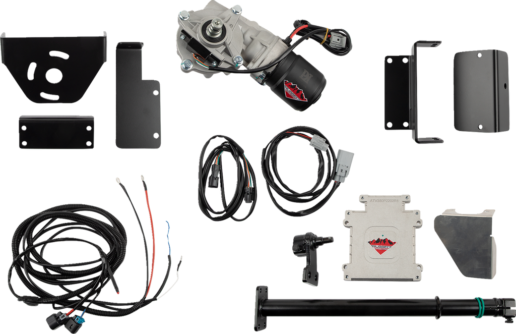 A set of automotive components laid out on a white background, including a motor, wiring harnesses, metal mounting brackets, a control module, various metal plates, a sensor, and a long black rod, all components arranged neatly and unassembled.