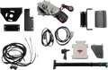 A set of automotive components laid out on a white background, including a motor, wiring harnesses, metal mounting brackets, a control module, various metal plates, a sensor, and a long black rod, all components arranged neatly and unassembled.