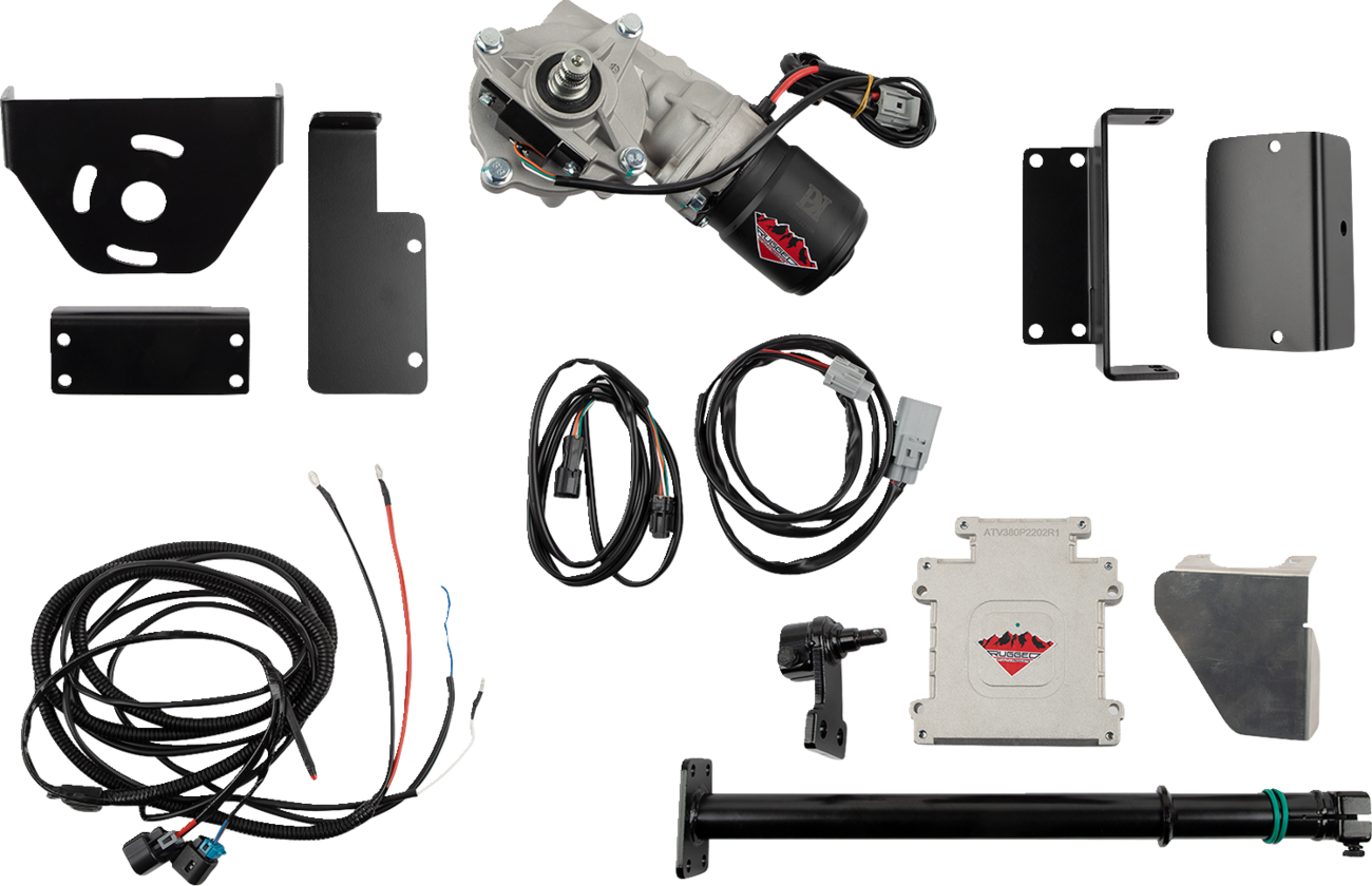 A set of automotive components laid out on a white background, including a motor, wiring harnesses, metal mounting brackets, a control module, various metal plates, a sensor, and a long black rod, all components arranged neatly and unassembled.