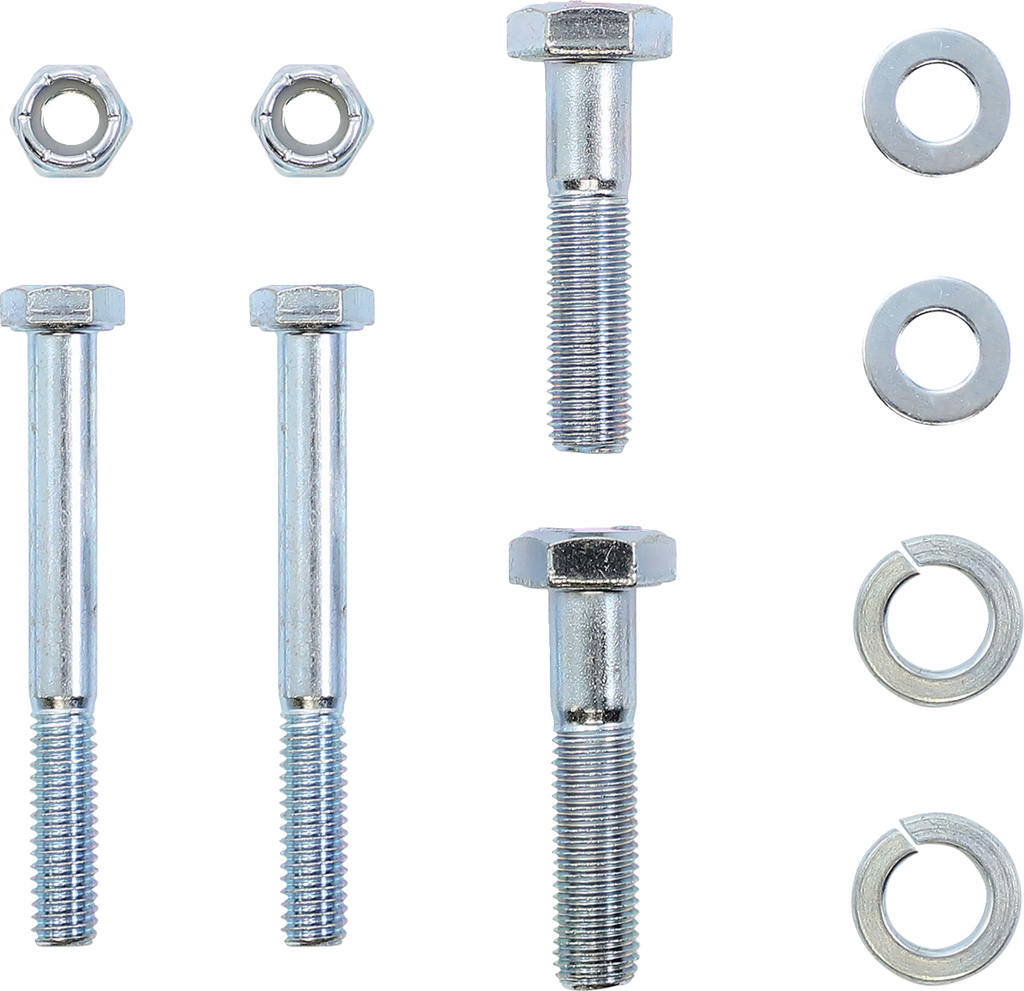 A set of metal fasteners on a white background: three bolts with hex heads, two hex nuts, three flat washers, and three split lock washers, all arranged in neat rows. The bolts are similar in size and appear unused and shiny.