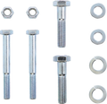 Four metal bolts are arranged vertically in two rows with varying lengths. Above each is a hex nut, and to the right are flat and split lock washers, with one set for each bolt. All hardware items are metallic and placed on a plain white background.
