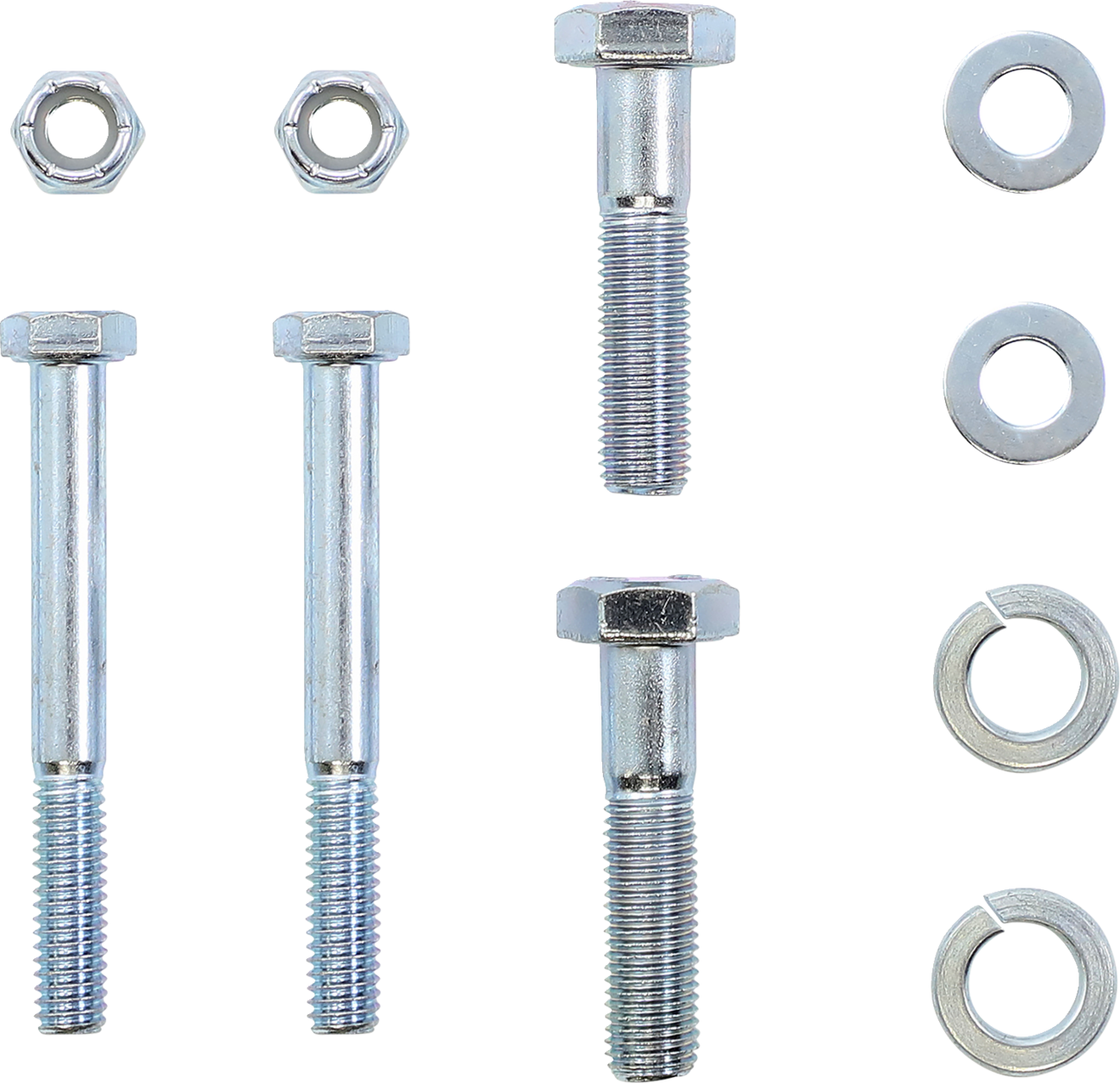Four metal bolts are arranged vertically in two rows with varying lengths. Above each is a hex nut, and to the right are flat and split lock washers, with one set for each bolt. All hardware items are metallic and placed on a plain white background.
