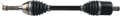 A black automotive CV axle shaft with metal splines at both ends, two accordion-like rubber boots, and metallic joints, viewed horizontally on a light background.