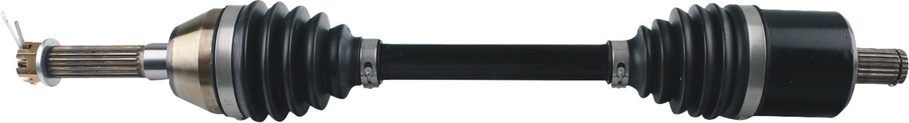 A black automotive CV axle shaft with metal splines at both ends, two accordion-like rubber boots, and metallic joints, viewed horizontally on a light background.