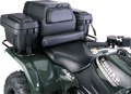 A close-up of a dark green ATV with black padded rear cargo boxes and a cushioned passenger backrest mounted behind the seat. The ATV has Kodiak branding and 4x4 marked on its side. The handlebars and part of the tire are visible.