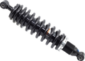 A black metal coil spring shock absorber with mounting eyelets at both ends; the coil is tightly wound around a cylindrical damper, which has adjustment rings and a small orange label, isolated on a white background.