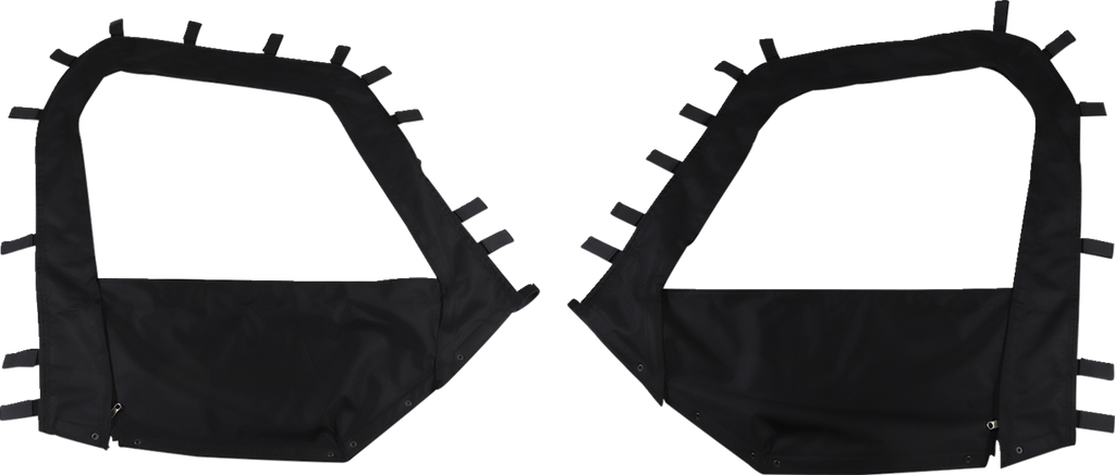 Two black, fabric car door covers, each with multiple straps and snaps along the edges. The covers are mirror images of each other, designed to fit the left and right sides of a vehicle. They are displayed on a plain white background.