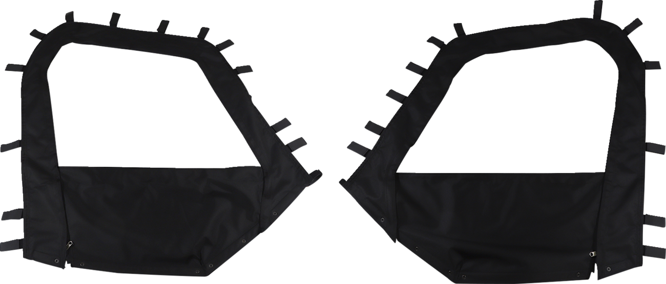 Two black, fabric car door covers, each with multiple straps and snaps along the edges. The covers are mirror images of each other, designed to fit the left and right sides of a vehicle. They are displayed on a plain white background.