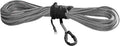 The Synthetic Winch Cable Smoke 1/4X50 is a gray synthetic rope coiled with a black protective center wrap, featuring a small loop at one end and a protective cap on the other.