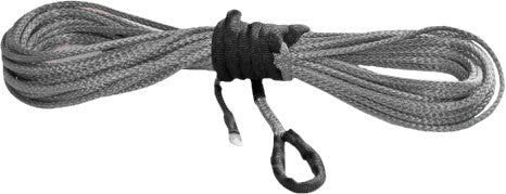 The Synthetic Winch Cable Smoke 1/4X50 is a gray synthetic rope coiled with a black protective center wrap, featuring a small loop at one end and a protective cap on the other.