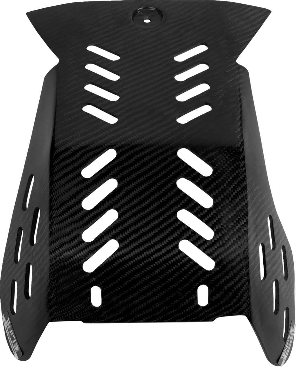 A black carbon fiber motorcycle skid plate with a textured, woven pattern. It features multiple diagonal vent slots for airflow and two small mounting holes near the bottom. The edges are angled upward, and branding is visible on the lower left side.